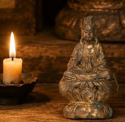 Fine Art Vintage Original Solid Metal Gold Plated Antique Guanyin Bodhisattva of Compassion Lotus Throne Buddha Buddhism Quan Yin Avalokiteshvara