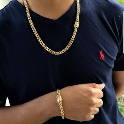 8MM Cuban Link Set 14k Gold Plated Doesn't Loses Color 