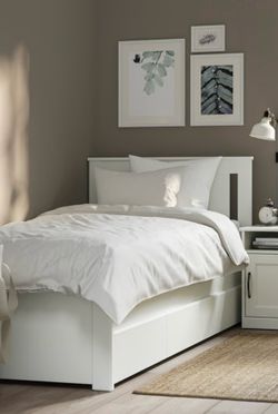 Bed frame with 2 storage boxes, white/Luröy, Twin