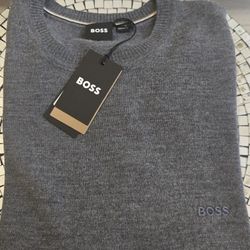 Brand New Gray Hugo Boss Knit Crew Neck Long Sleeves Men's Sweater. Size Medium