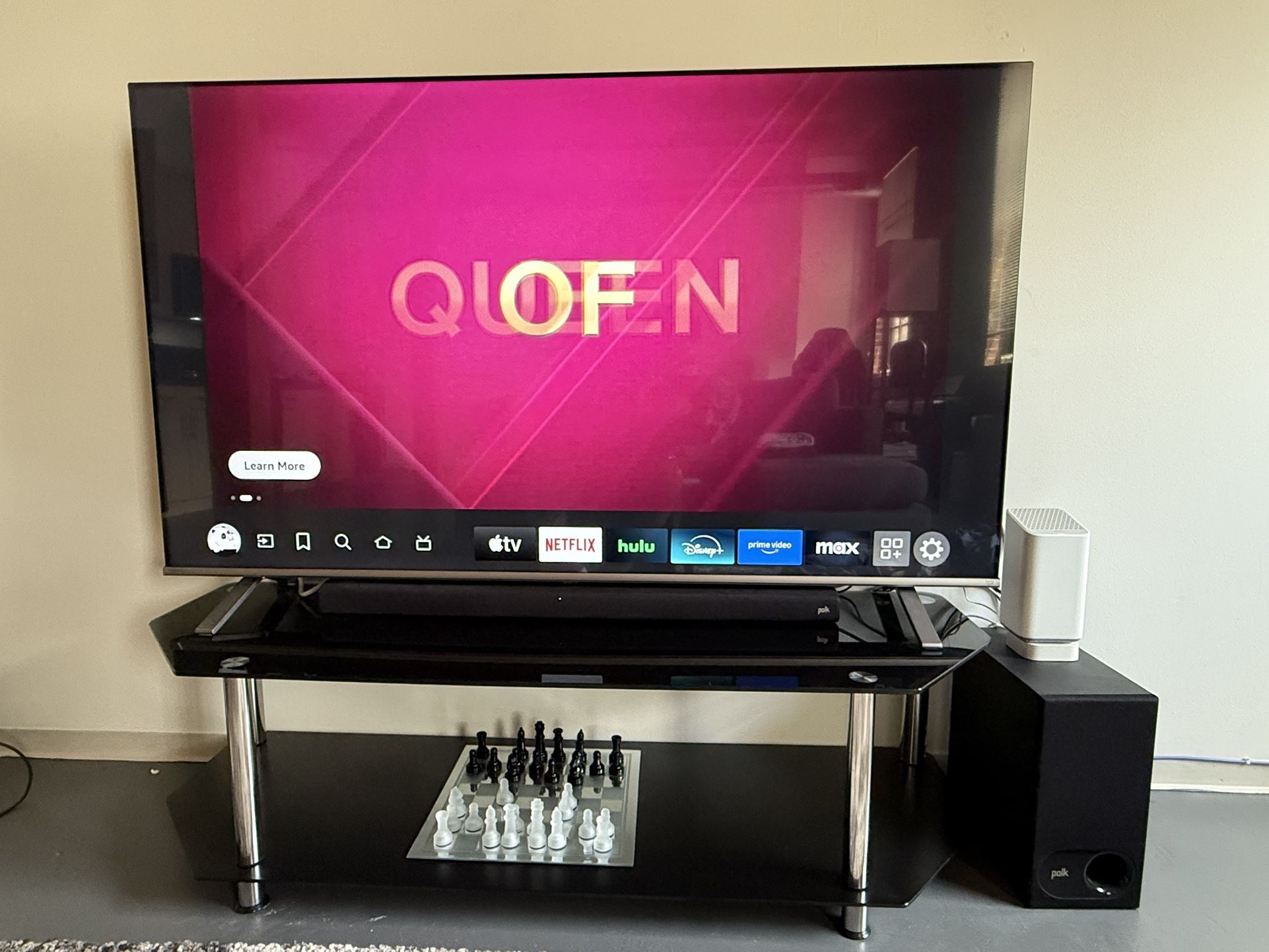 65β Toshiba 4K TV + Polk Soundbar/Sub + Glass TV Stand β Full Setup!