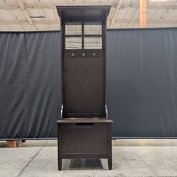 Dark Wood Hall Tree with Mirror and Storage Bench