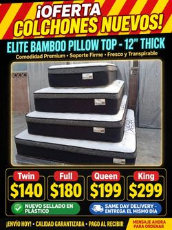 Elite Bamboo Pillow Top Mattress 12" Thick Queen Size