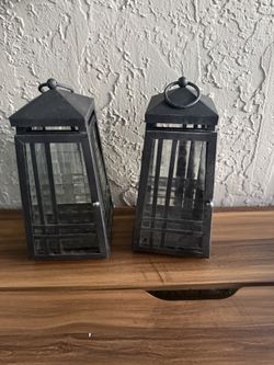 Partylite Weathered Black Metal and Glass Matching Pair of Lanterns