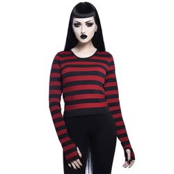 Killstar: Red & Black Striped Cropped Knit Long Sleeve Scoop Neck Top M/L