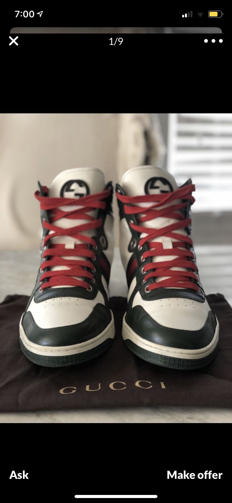 Gucci high top sneakers size 10 willing to trade I need size 9 to 9 1/2 Gucci, LV, red bottom shoe, any branded name shoes😃