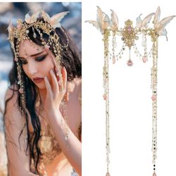 FRESHME Renaissance Butterfly Elf Fairy Crown - Fairy Headband with Pink Butterfly Wings Elf Headpiece with Tassel Elven Tiara Wedding Renfaire Dress 