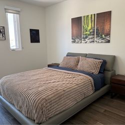 Genuine Leather Queen Bed Frame w/Adjustable Headboard