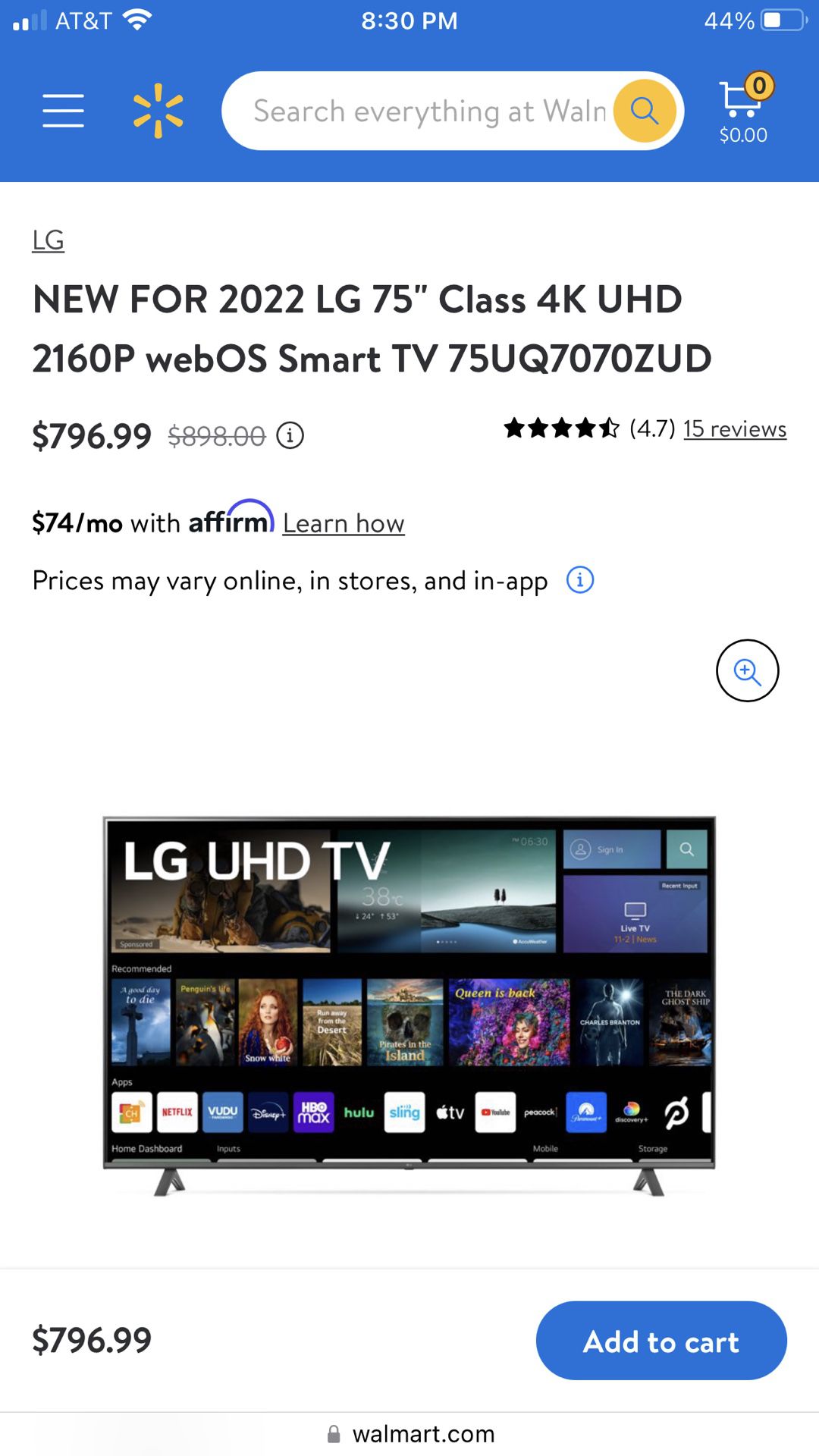 LG 75 Class 4K UHD 2160P Smart TV 75UN6955ZUD 