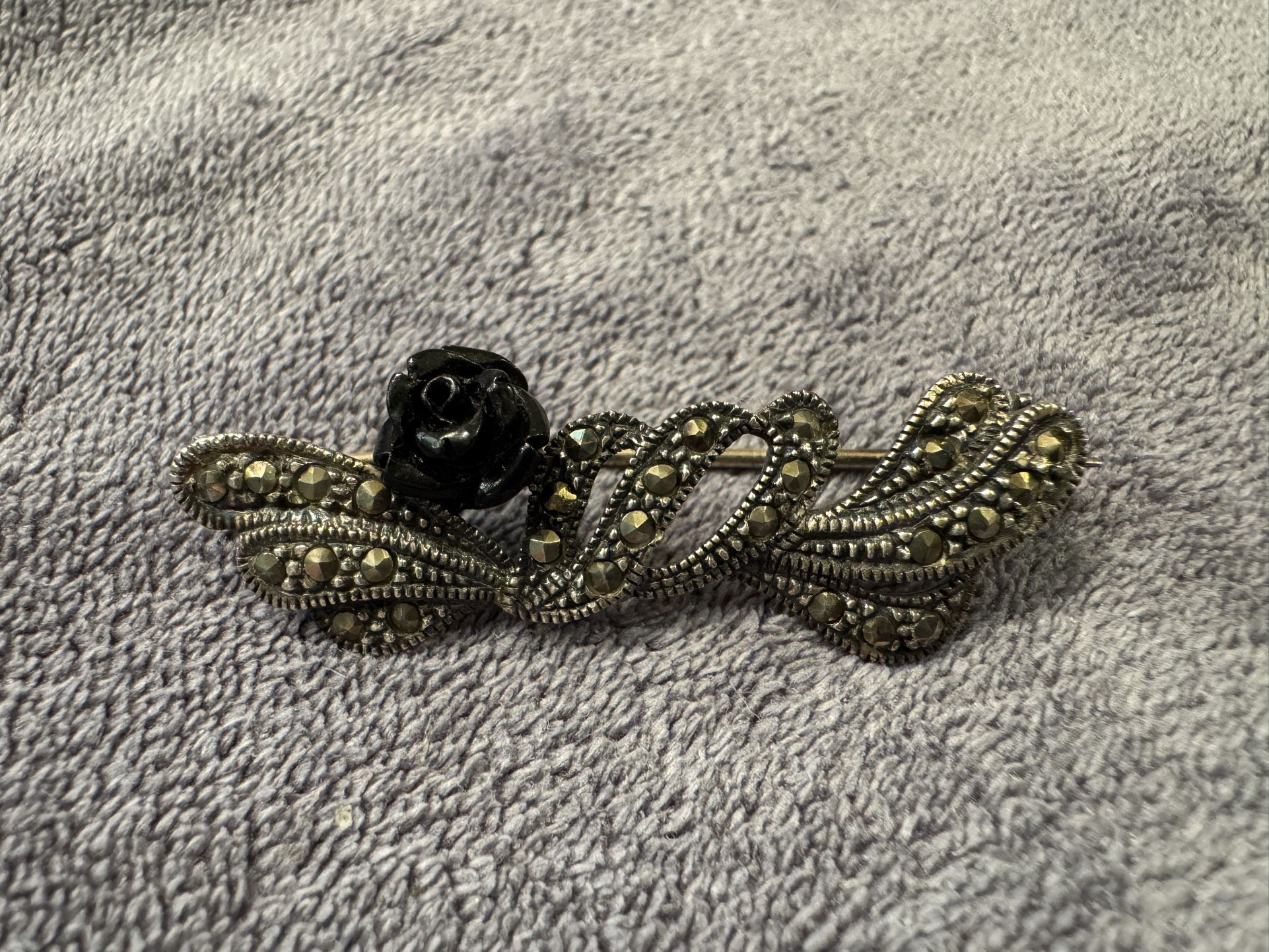 Vintage 925 Sterling Silver Marcasite & Black Rose Brooch – Floral Design Pin