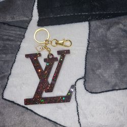 LV Keychain Brown Holographic Glitter
