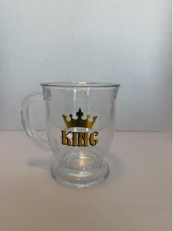King & Queen Glass Coffee Mugs Set with Metal Display Stand (3-Pc Set)