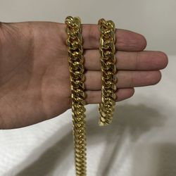 HEAVY 10K YELLOW GOLD-FILLED MIAMI CUBAN LINK SET – 12MM
