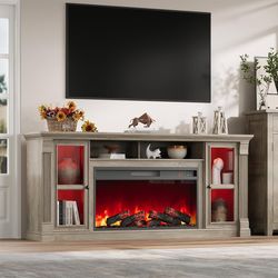 70'' Farmhouse TV Stand for TVs Up to 80'' with 36'' Electric Fireplace LED Lights,Gray