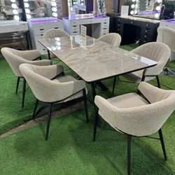 Modern Marble Dining Table With 6 Chairs / Mesa de  comedor moderna de mármol con 6 sillas