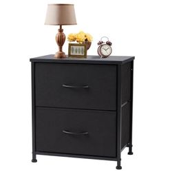 Nightstand, End Side Table w/ 2 Fabric Drawers - Black