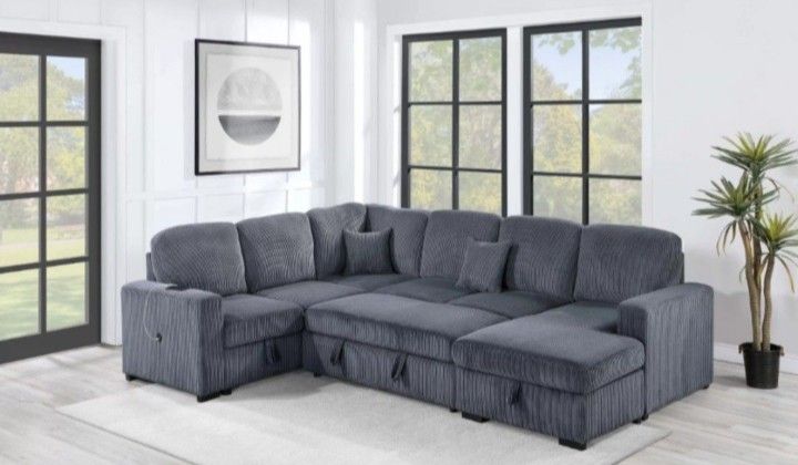 4-pc Convertible Sectional Sofa  Couch W/ Pull-out Bed, Storage And USB Port Brand New 