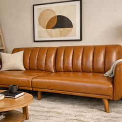 Mid-Century Modern Cognac Leather Sofa / Futon – Stylish & Comfortable