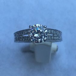 Sterling Silver Ring, Solitaire With Accents, Cubic Zirconia, Engagement, Size 9