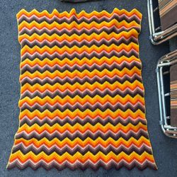Vintage Handmade Wool Throw Blanket Retro 70s Chevron Stripe Orange Brown 44x32