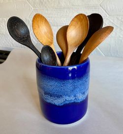 Handcrafted Bruning Pottery Blue Ceramic Utensil Holder/Vase