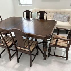 Dining Table Set With 6 Chairs, 1920s Antique 