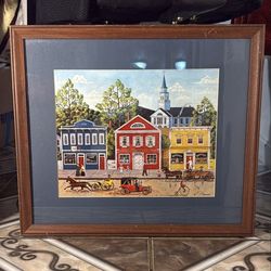 Folk art painting of a village scene, 18x20 inches.