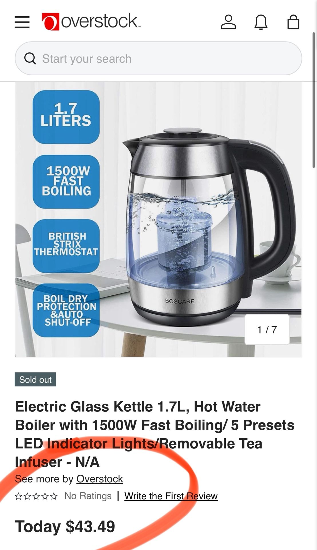 1.7L electric glass tea kettle, new: $