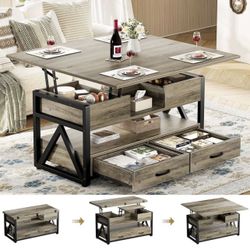 40 Inch Liftable Center Table, 4-in-1 Multifunction Lifting Auxiliary Tables with Storage Drawers and Hidden Compartments, Farm Center Table with Top