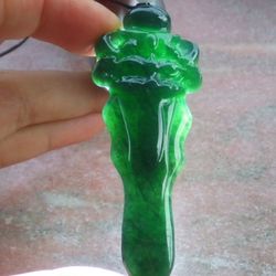 Certificate Jadeite Jade Hand Carved Dark Green Pendant necklace power protection Dragon Sword