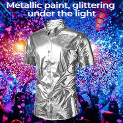 Large Silver Metallic  Men's Sequin 70s 80s Disco Shirt - Retro Short Sleeve Button Up Costume Halloween New Year Party Outfit Top & Clubwear