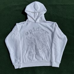 White Rhinestone Sp5der Hoodie Medium 