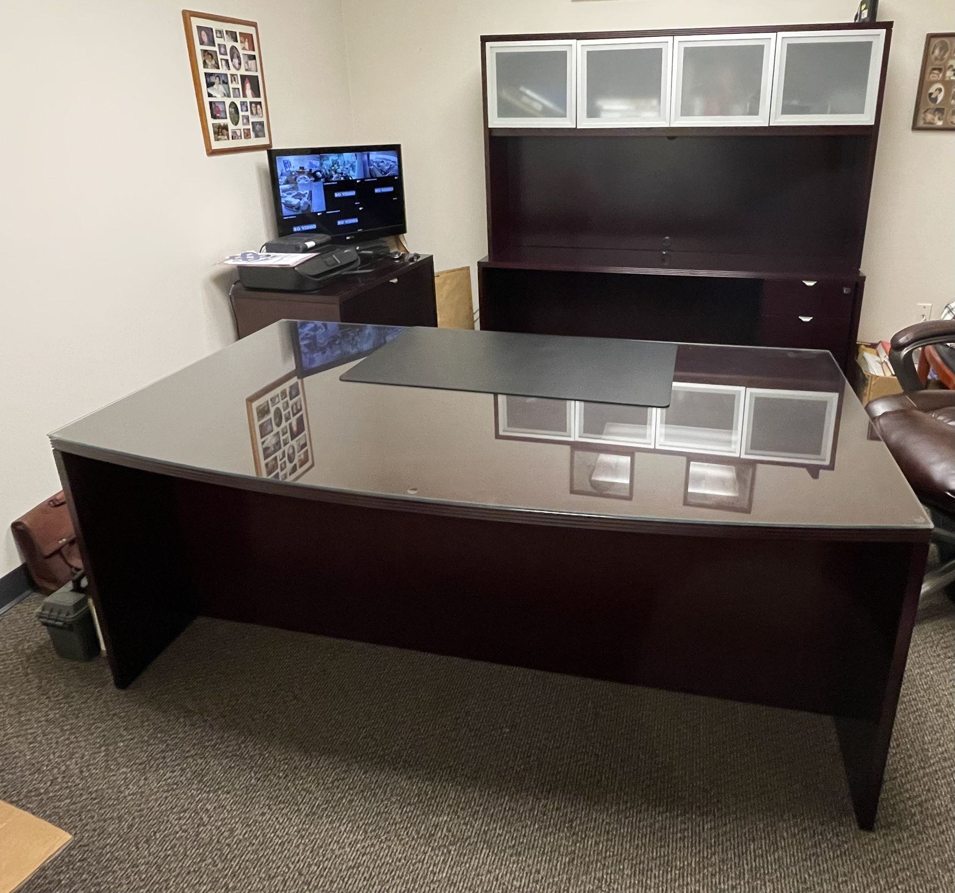 Desk, Custom Glass Top, Filing Cabinet, Table With Hutch Office Set