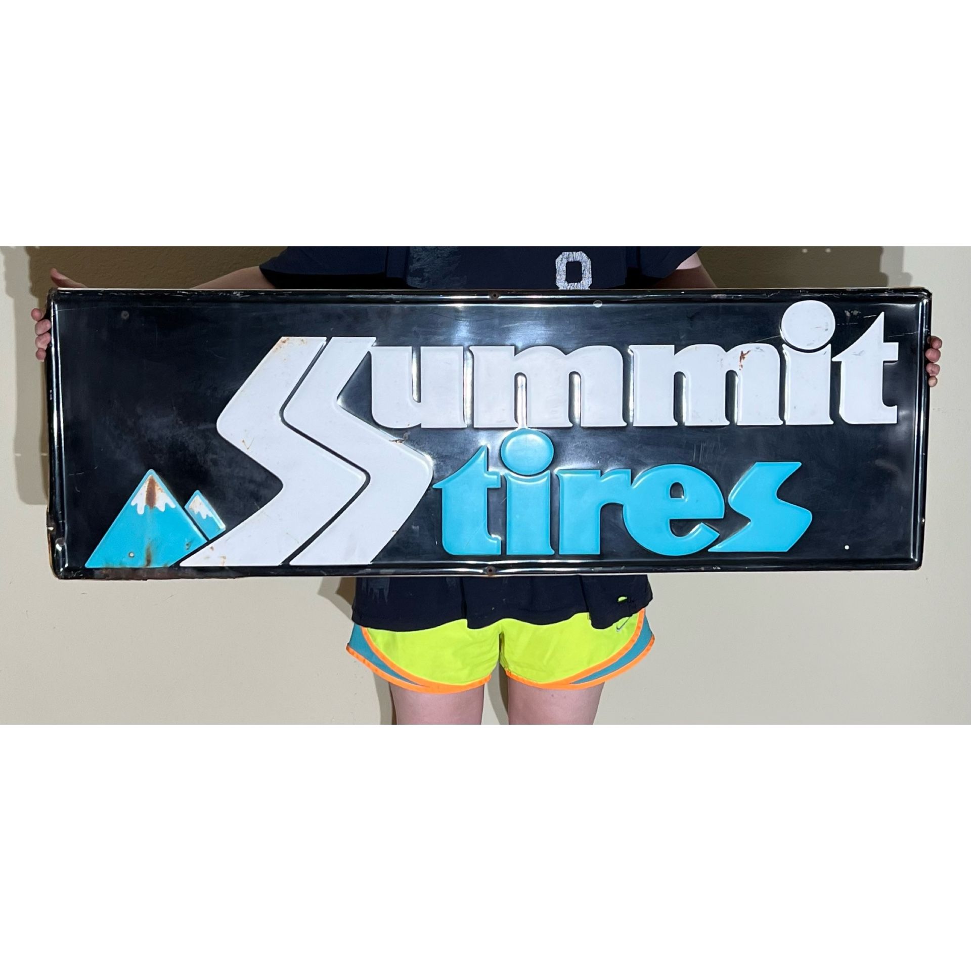 Vintage Summit Tires Embossed Metal Sign 48” x 16” Original Genuine Tin