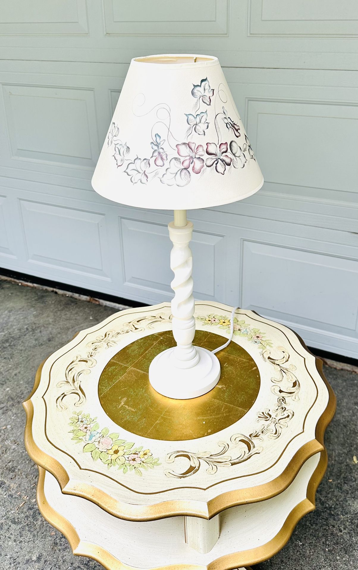 Wooden Table Lamp w/ Hand-painted Shade