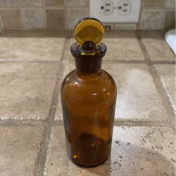 Small Vintage Amber Glass Bottle With Matching Glass Stopper