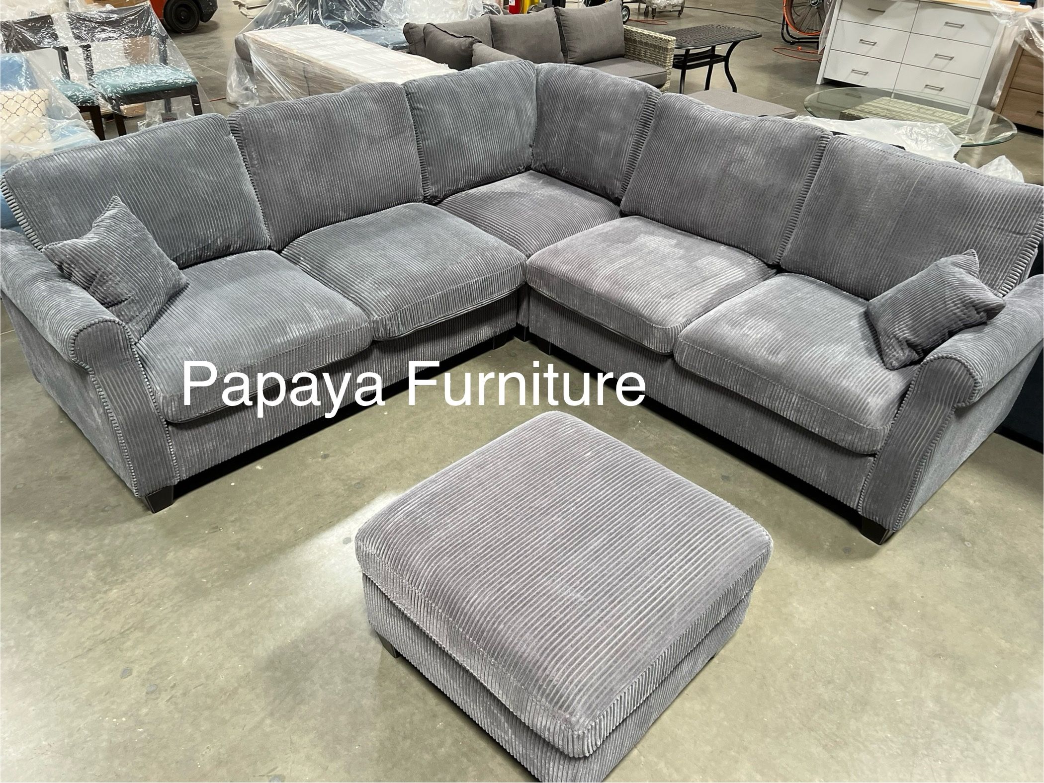 Plush Grey Sectional Sofa And Ottoman, Sectionals, Sofa, Couch, Grey Couch, Grey Sofa, L-Shaped Sofa, Plush Sectional Couch,Living Room Sofa