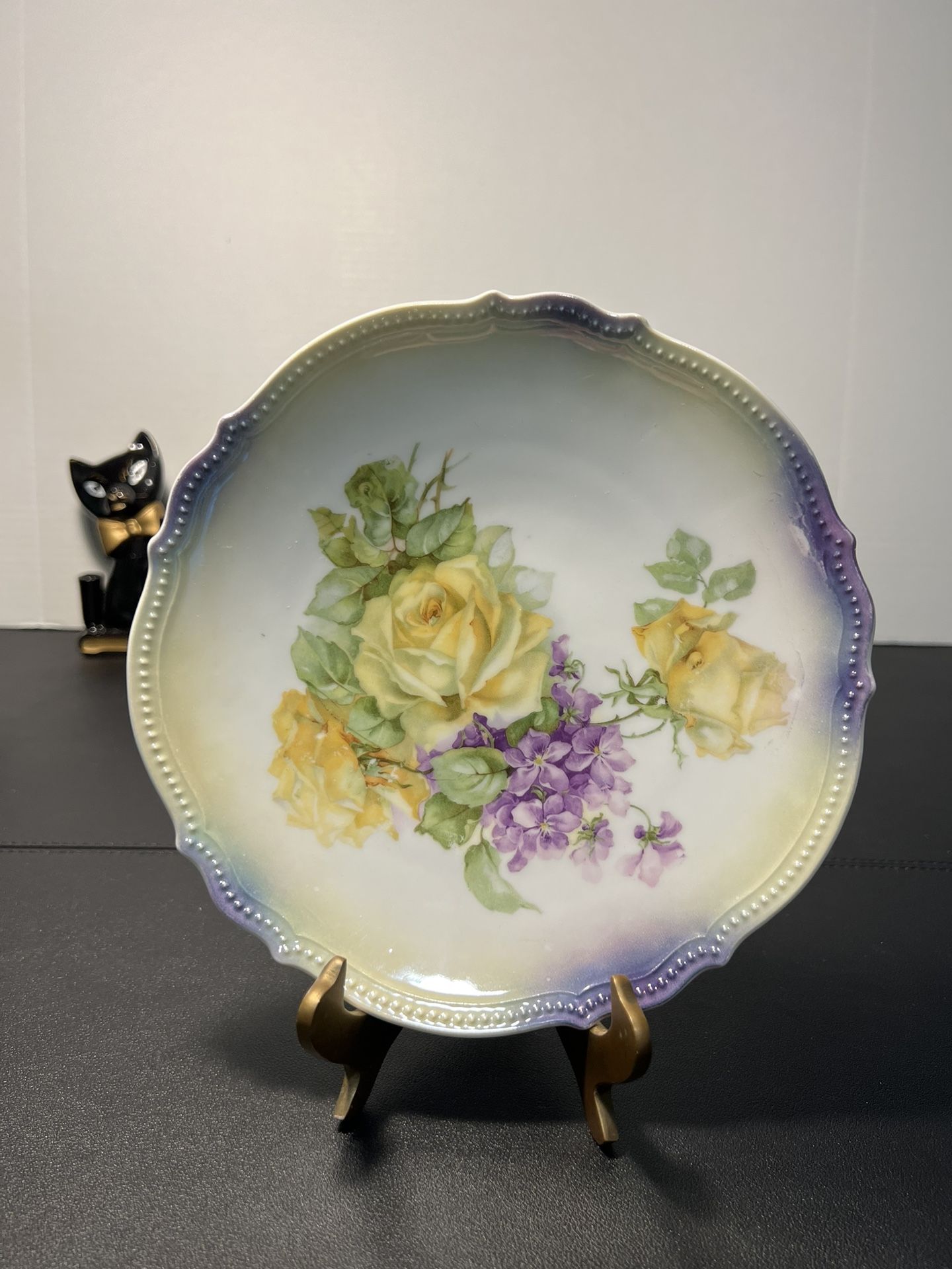 P.K. Silesia Antique 1910s Yellow Roses Violets Braided Gold Trim Cabinet Plate