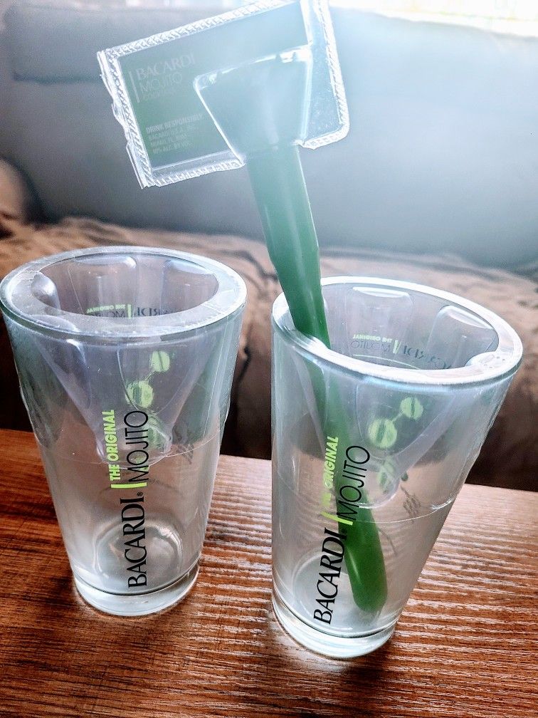 Two (2) Bacardi Original Mojito Crystal Glasses Recipe Printed In Back. Includes Muddler New