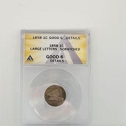 1858 Flying Eagle Cent 1C Large Letters - ANACS Good 6 Details Scratched Variety