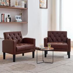 Accent Chairs Set of 2 Comfy Living Room Chair Leather Tufted Mid Century Modern Accent Chair, Small Cozy Reading Arm Chair for Office, Bedroom (2, Br