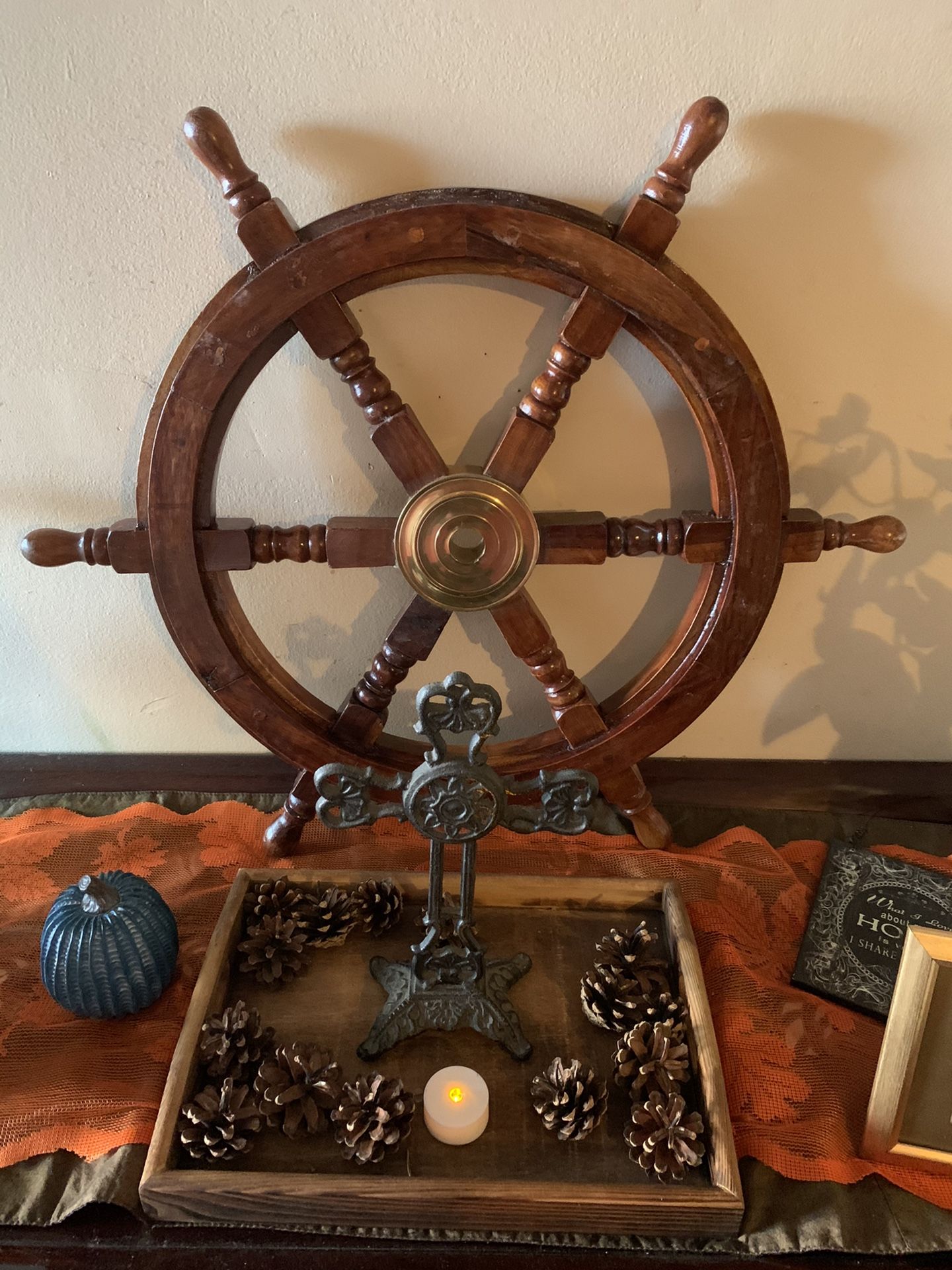 Ship wheel with brass center home decor