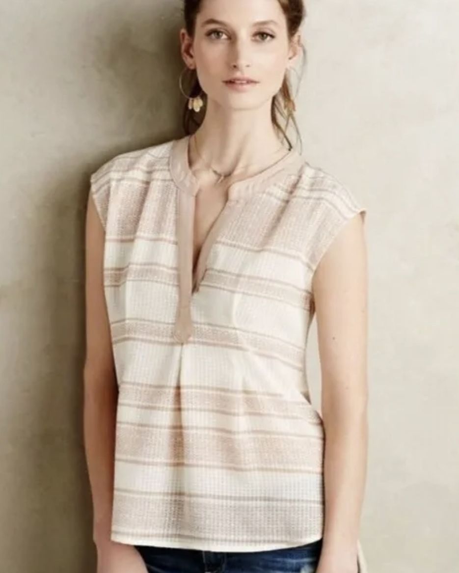 Postmark Anthropologie Egress Split Neck Peach White Tunic Top Shirt Tank Size S