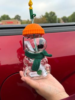 Starbucks Peanuts Snowman Glass Cup with Straw