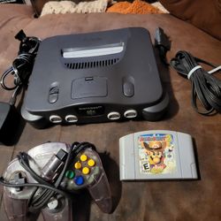 Nintendo 64 system with mario party 2 game, Original atomic purple Controller and cords
