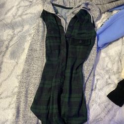 Gray With Black/green Plaid Hooded Button up Shirt 