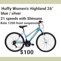 Brand New Huffy Women's Highland 26" Blue/ Silver / 21 Speeds Shimano Ko 1200 Front Suspension 