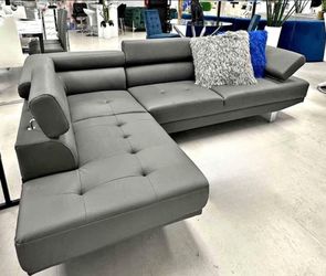 Sectional Sofa Grey Faux Leather New Modern