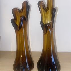 Set of 2 Vintage Amber Swung Vases