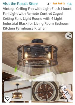 Vintage Ceiling Fan with Light Flush Mount Fan Light with Remote Control Caged Ceiling Fans Light